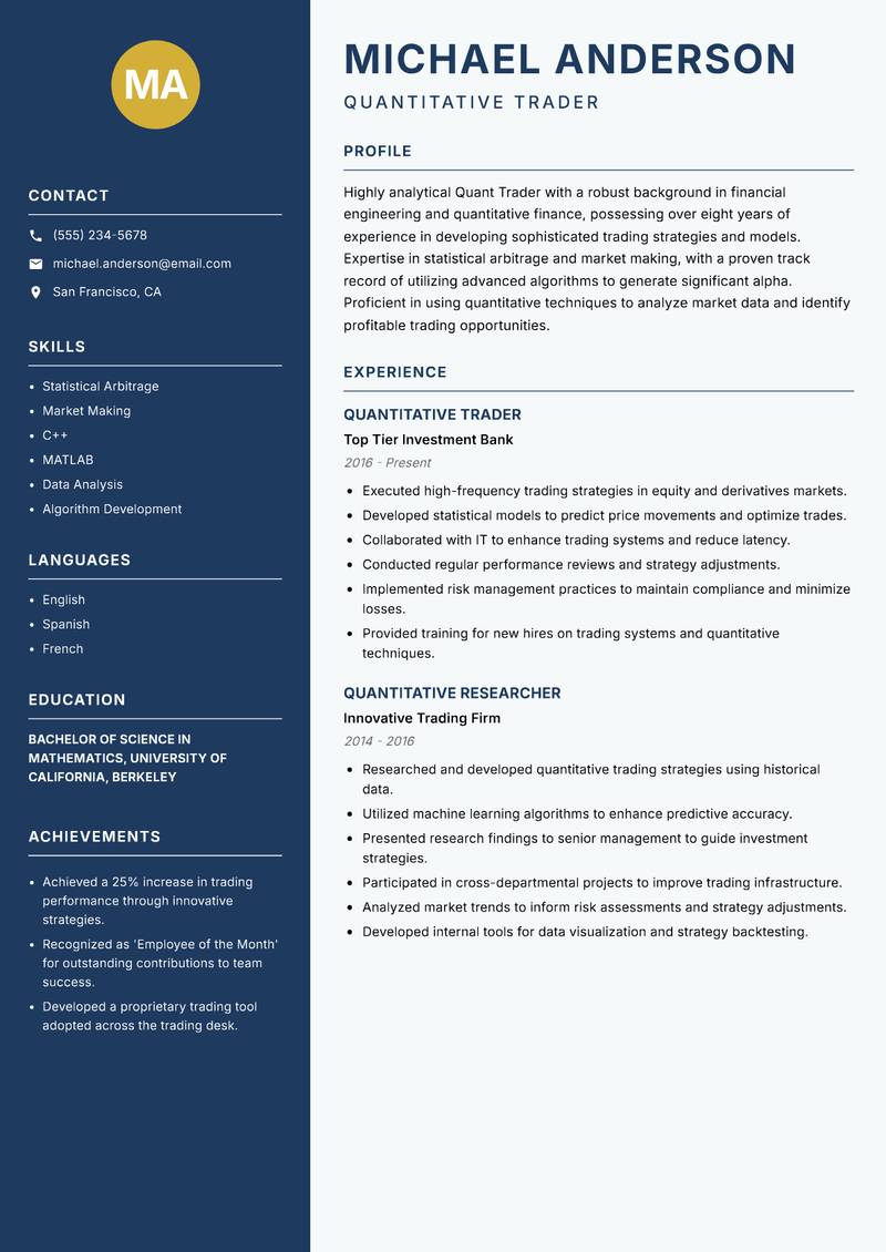 Quant Trader Resume Preview Example