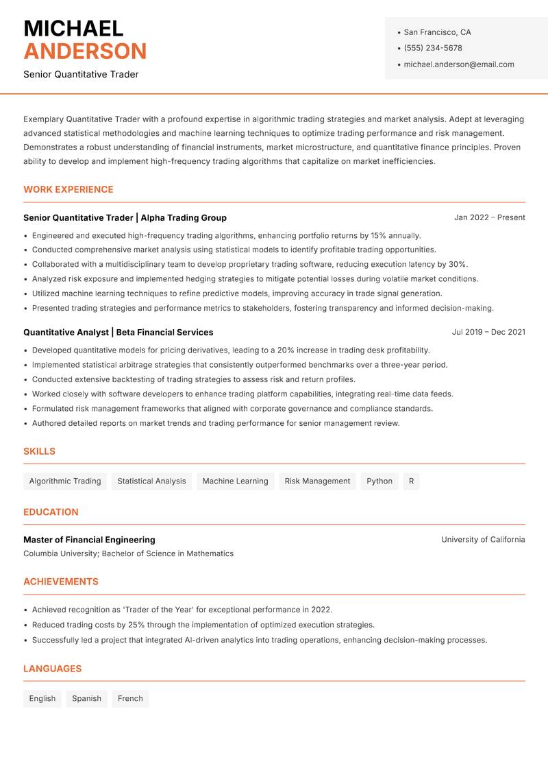 Quant Trader Resume Template