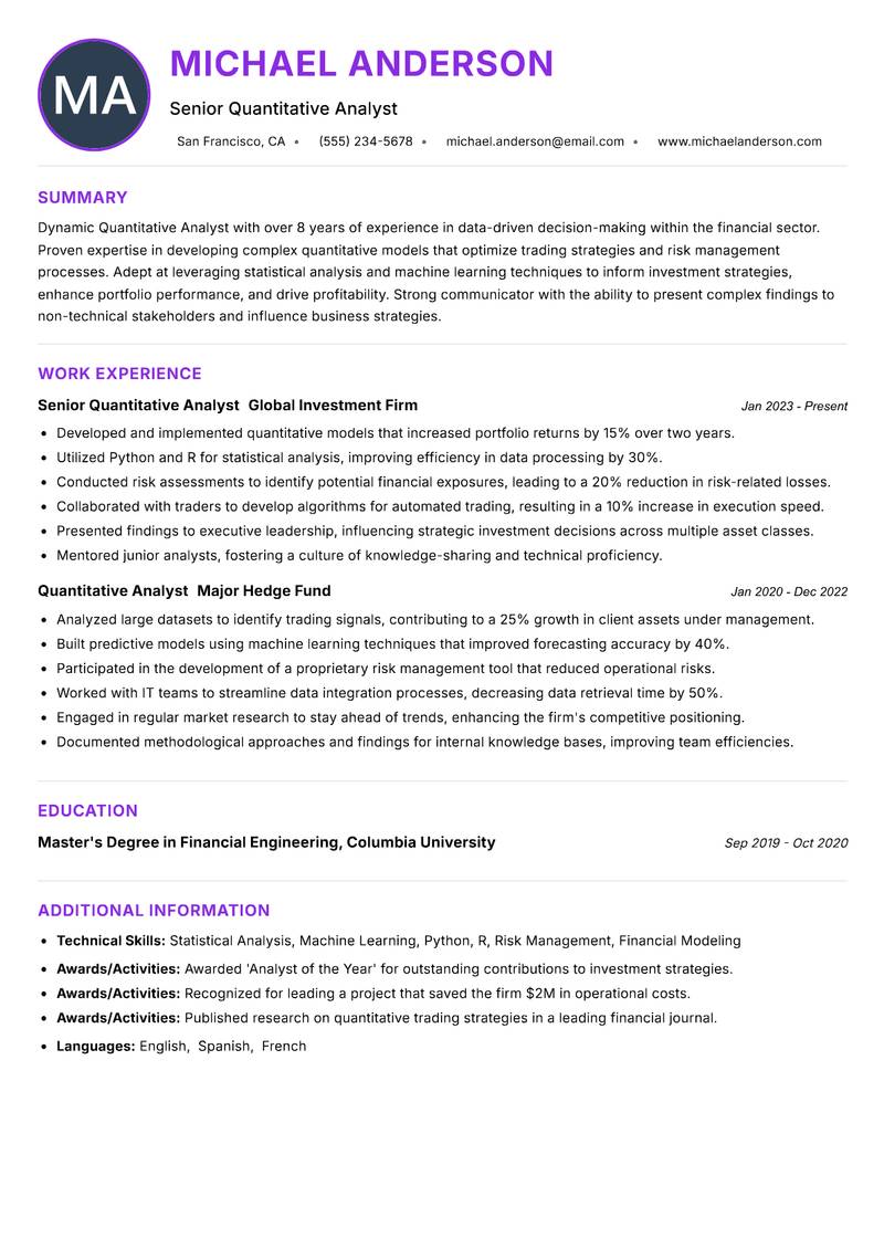 Quantitative Analyst Resume Preview Example