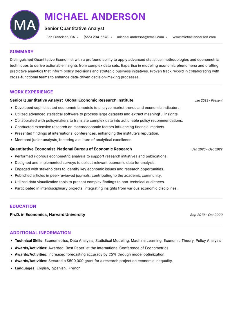 Quantitative Economist Resume Preview Example