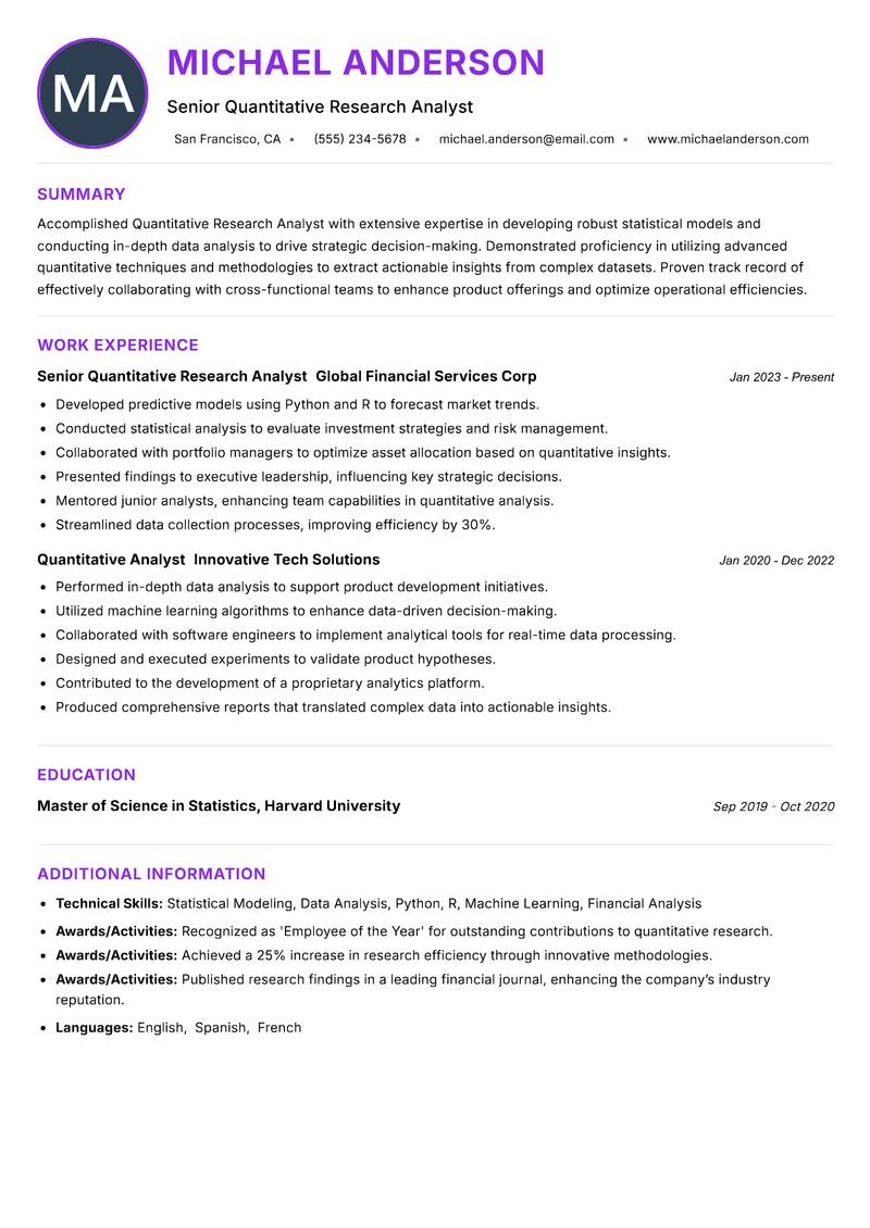 Quantitative Research Analyst Resume Preview Example