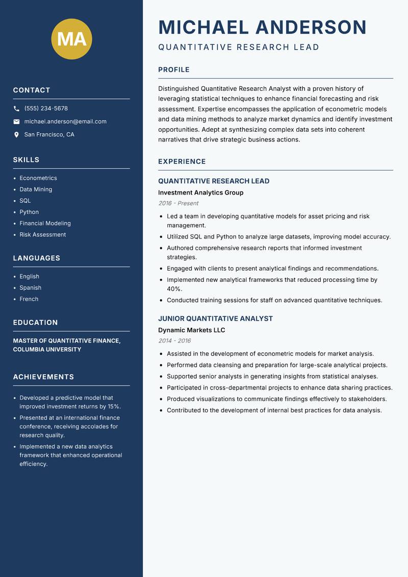 Quantitative Research Analyst Resume Preview Example
