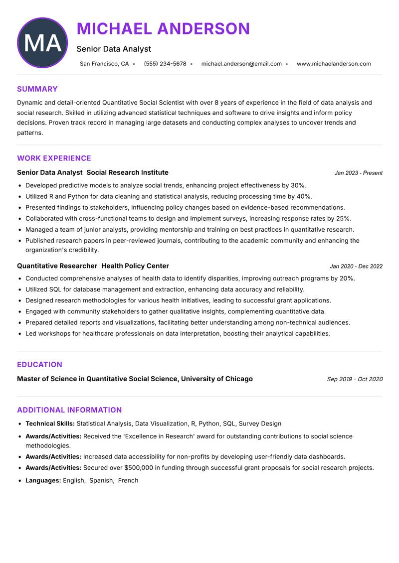 Quantitative Social Scientist Resume Preview Example
