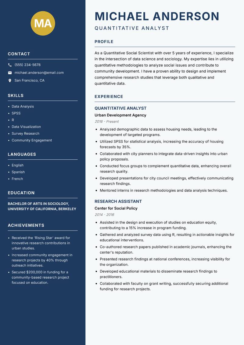 Quantitative Social Scientist Resume Preview Example