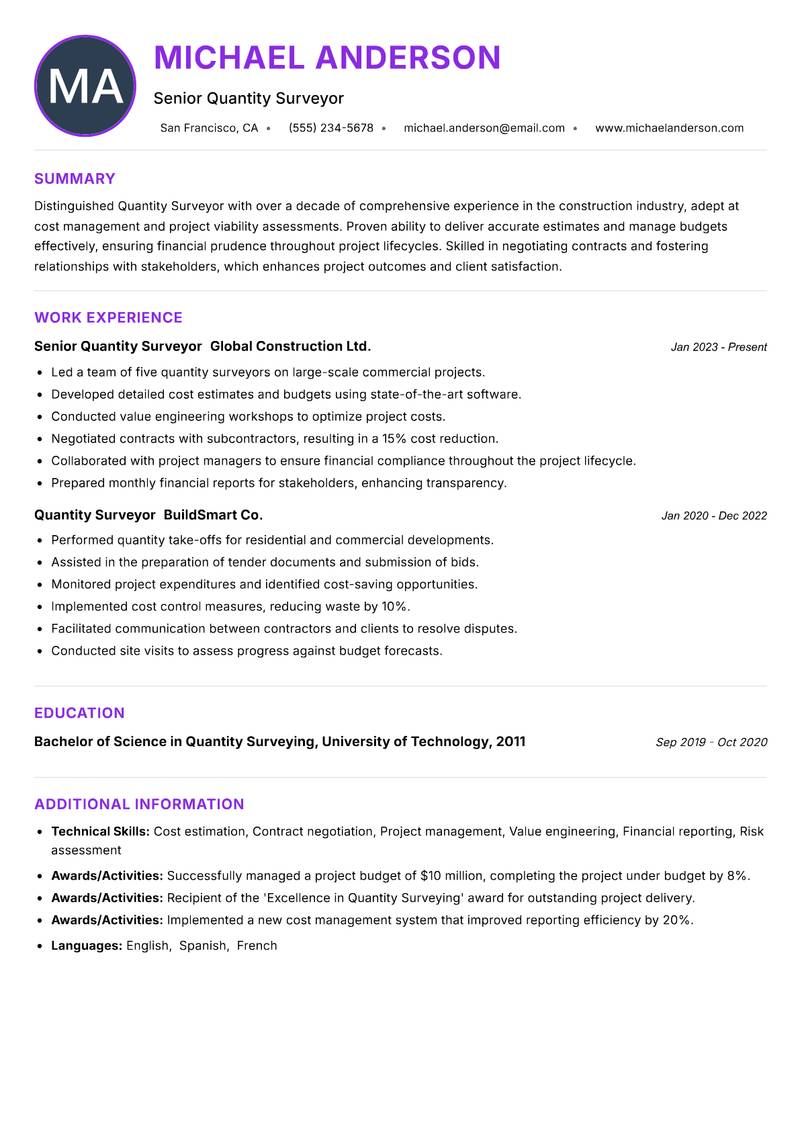 Quantity Surveyor Resume Preview Example
