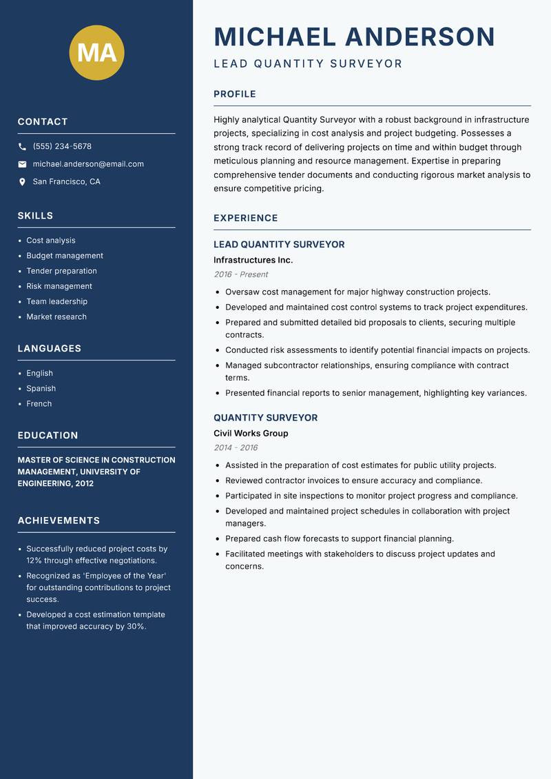 Quantity Surveyor Resume Preview Example