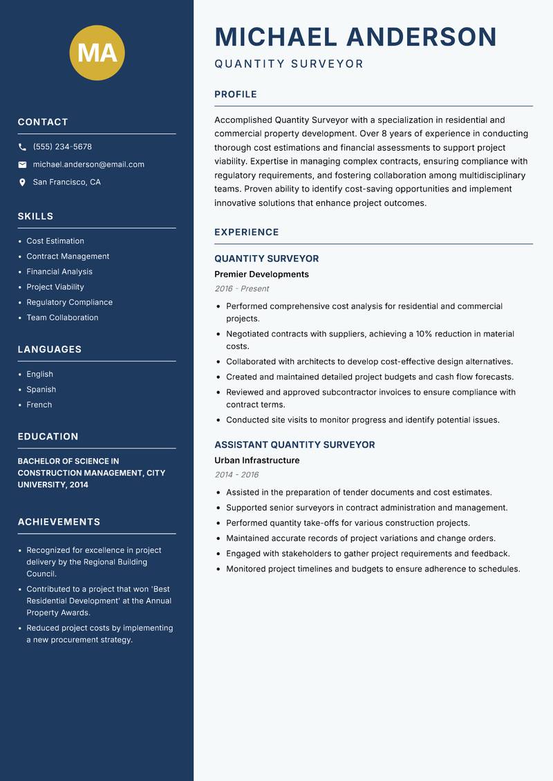 Quantity Surveyor Construction Resume Preview Example