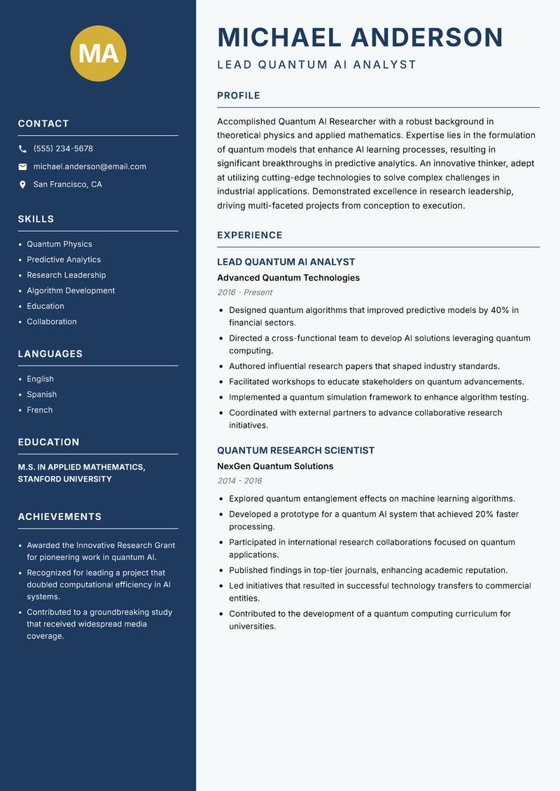 Quantum AI Researcher Resume Preview Example