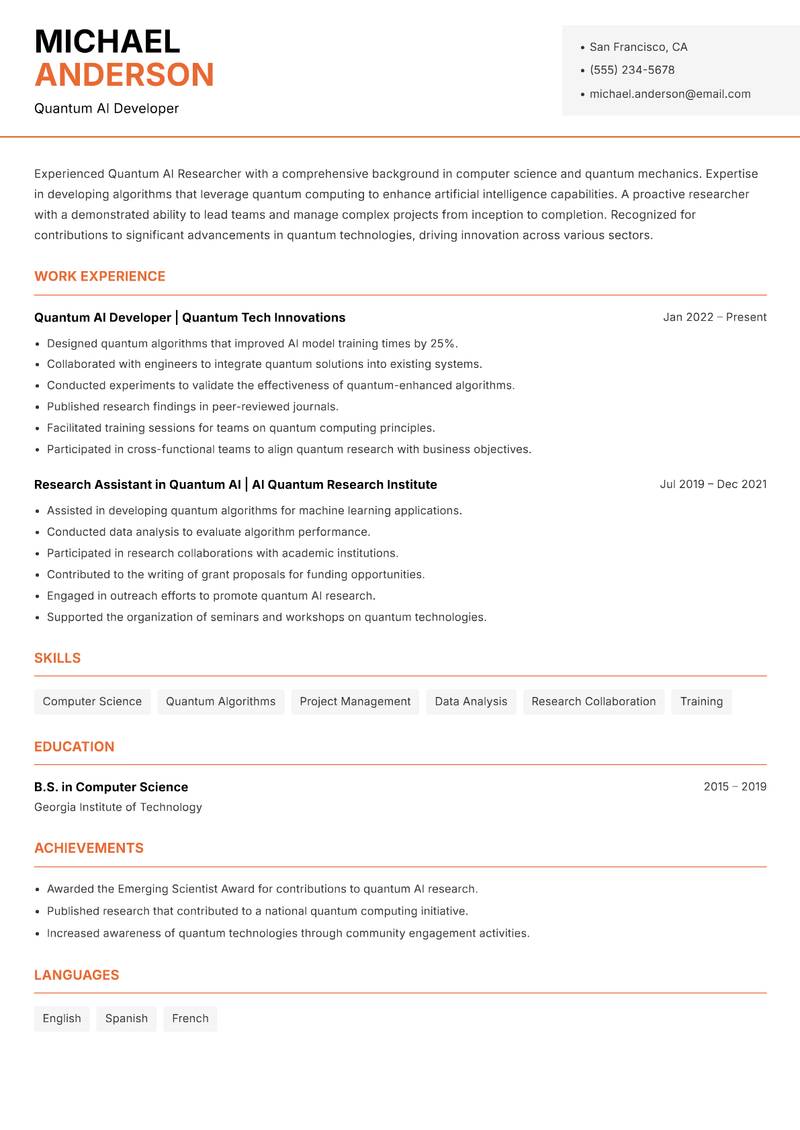 Quantum AI Researcher Resume Template