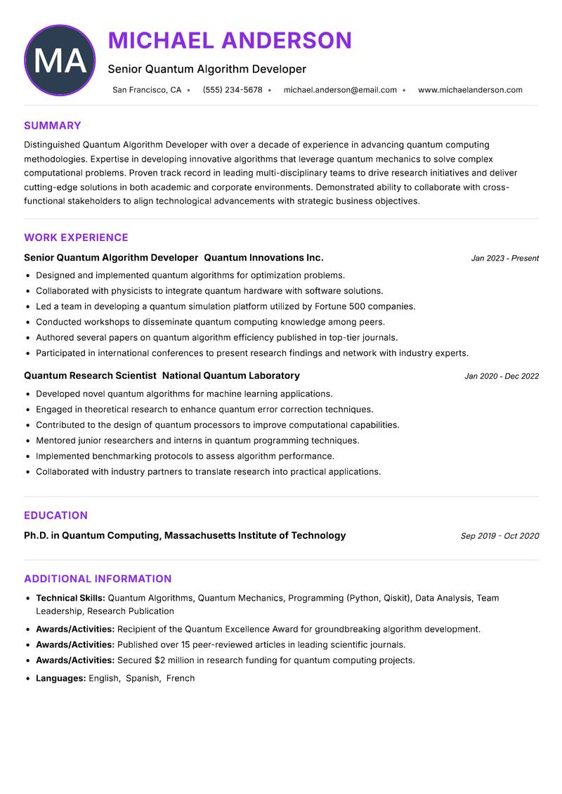 Quantum Algorithm Developer Resume Preview Example