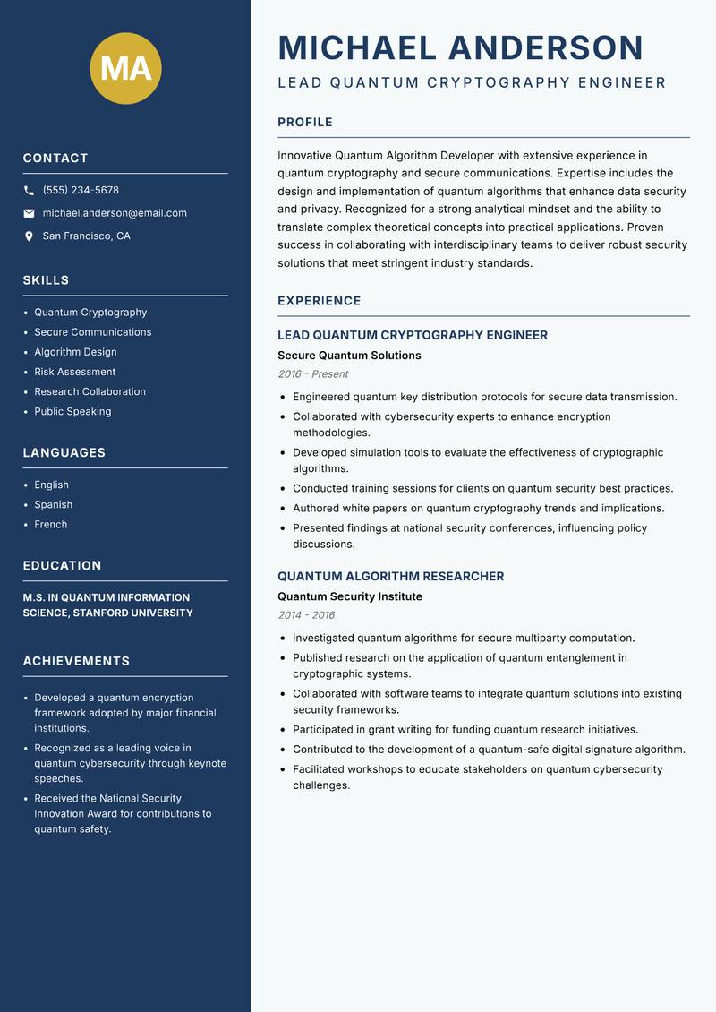 Quantum Algorithm Developer Resume Preview Example