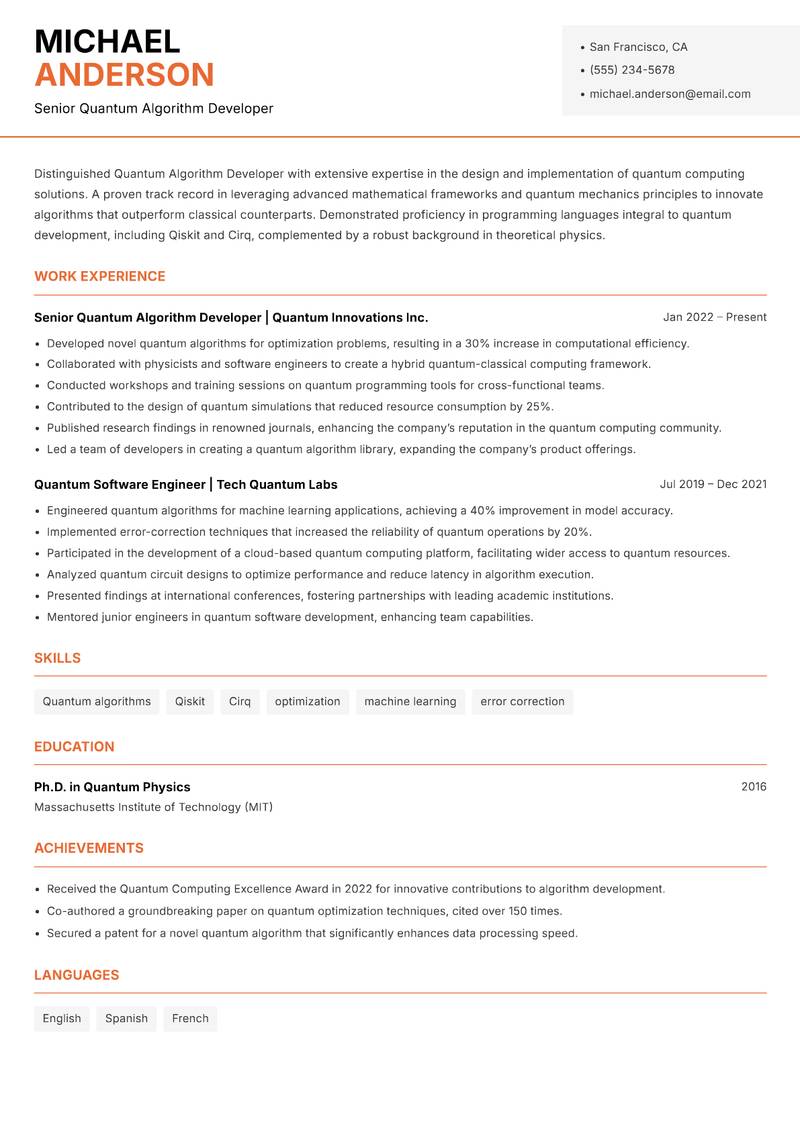 Quantum Algorithm Developer Resume Template