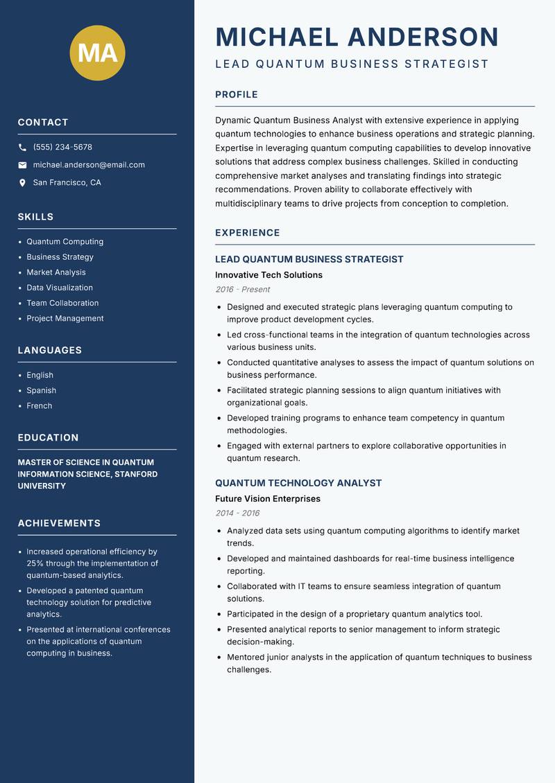 Quantum Business Analyst Resume Preview Example