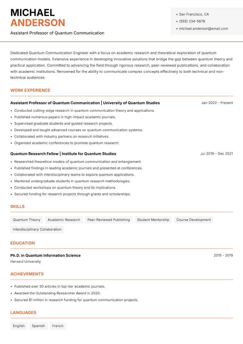 Quantum Communication Engineer Resume Template