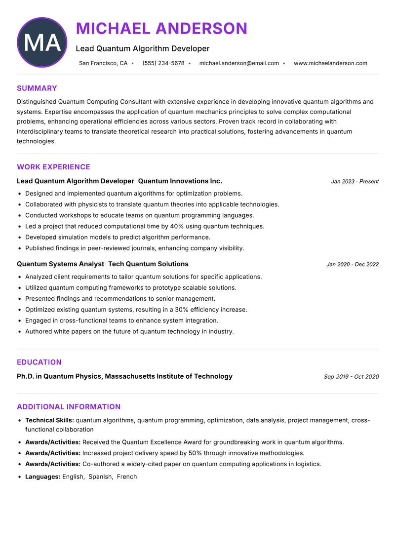 Quantum Computing Consultant Resume Preview Example