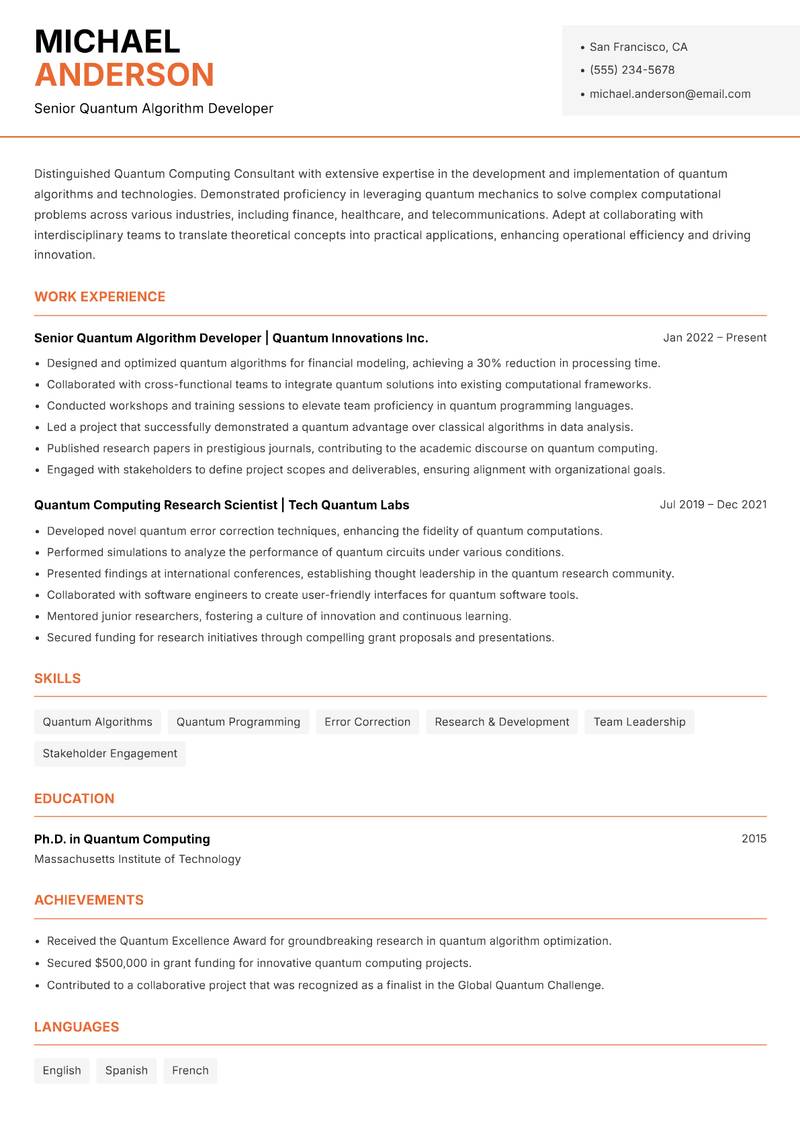 Quantum Computing Consultant Resume Template