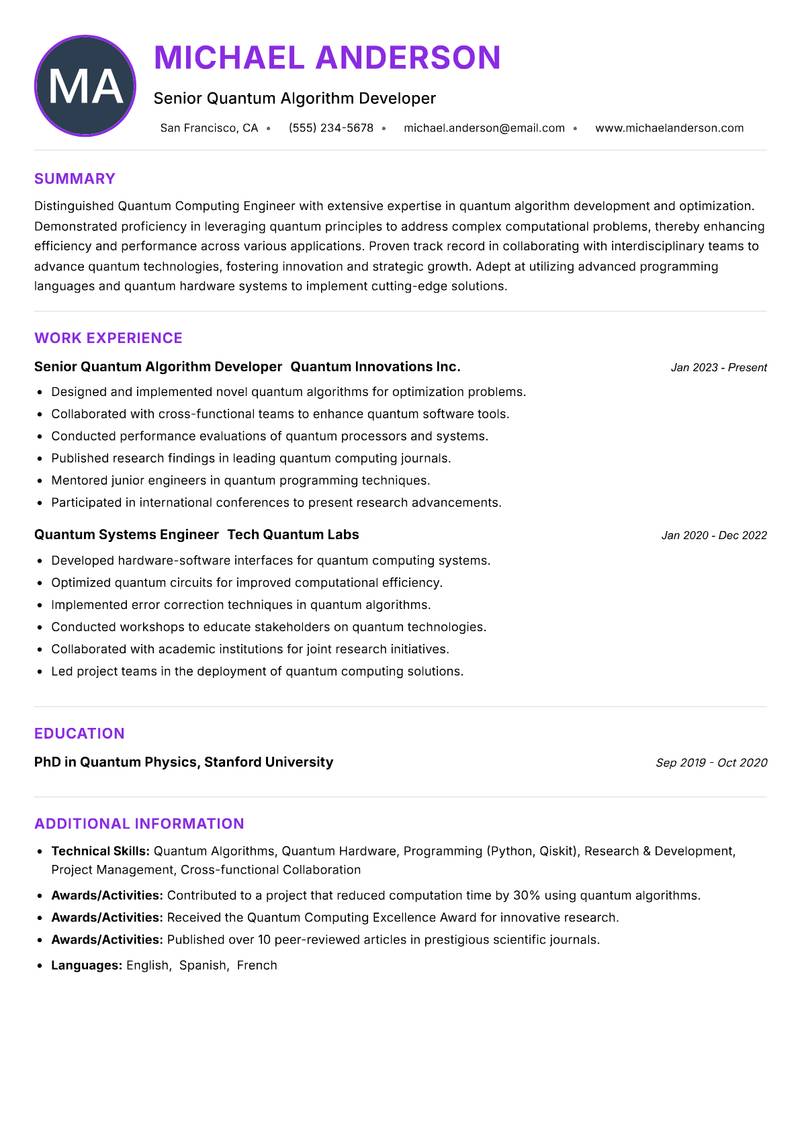 Quantum Computing Engineer Resume Preview Example