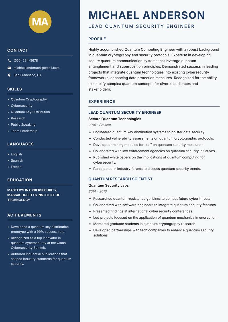 Quantum Computing Engineer Resume Preview Example