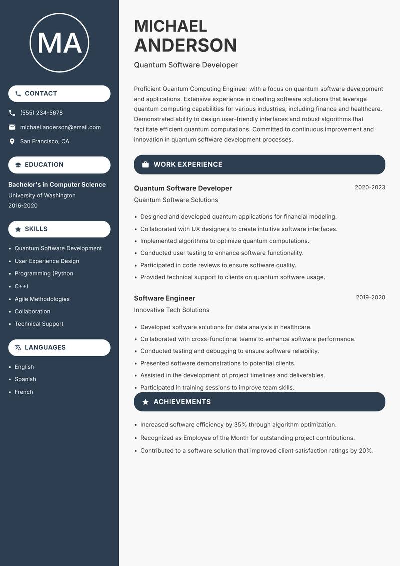 Quantum Computing Engineer Resume Preview Example