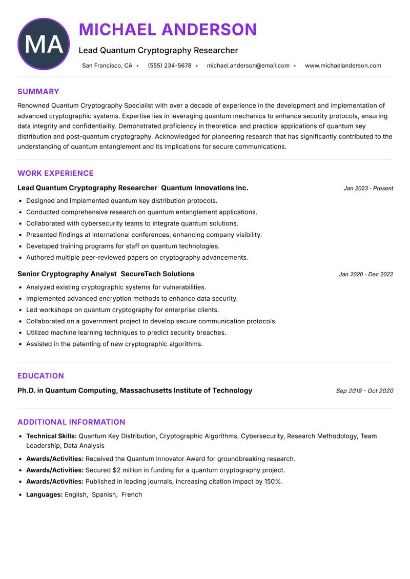 Quantum Cryptography Specialist Resume Preview Example