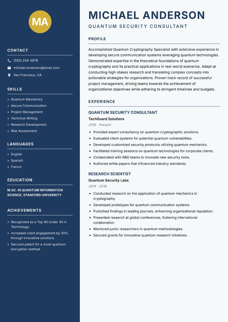 Quantum Cryptography Specialist Resume Preview Example