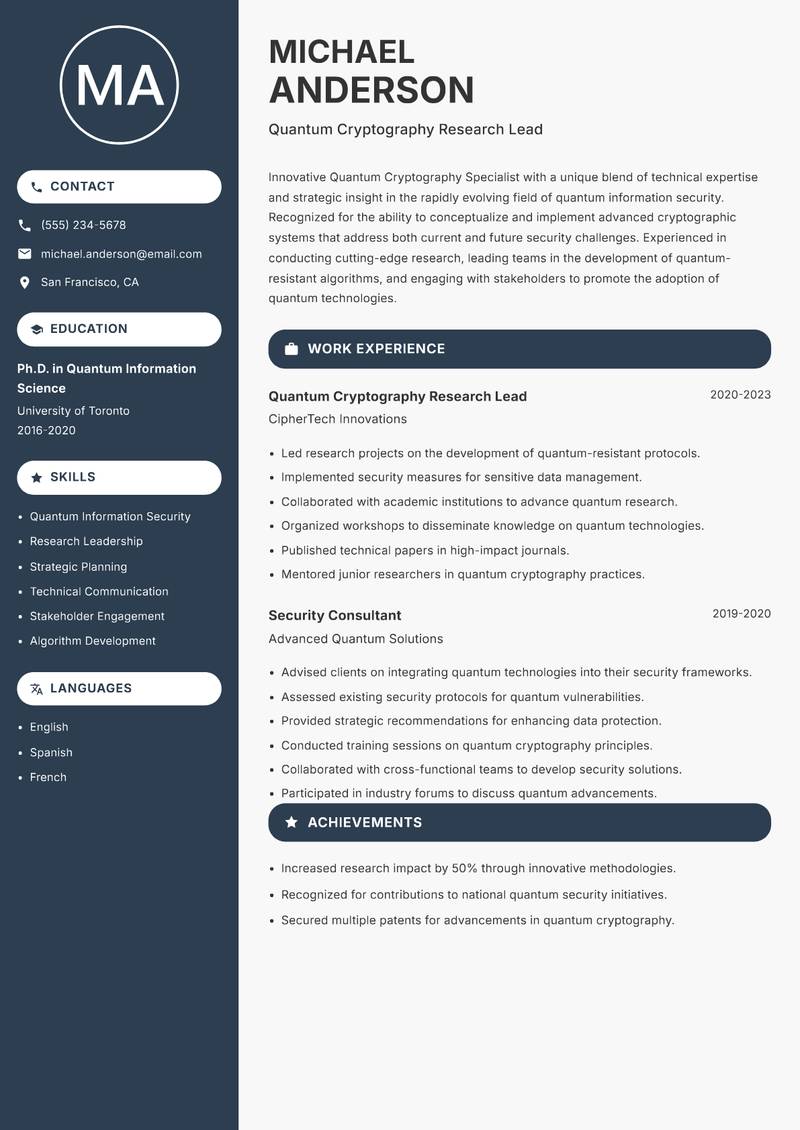 Quantum Cryptography Specialist Resume Preview Example