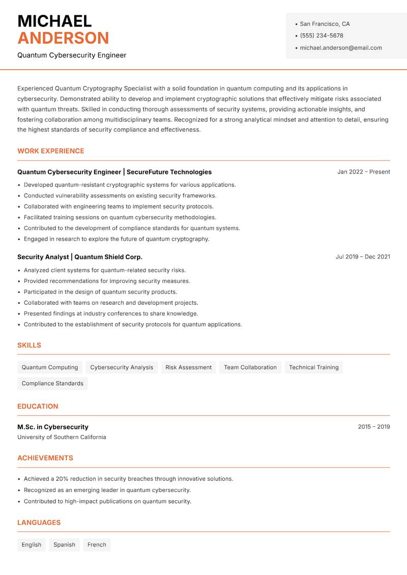 Quantum Cryptography Specialist Resume Template