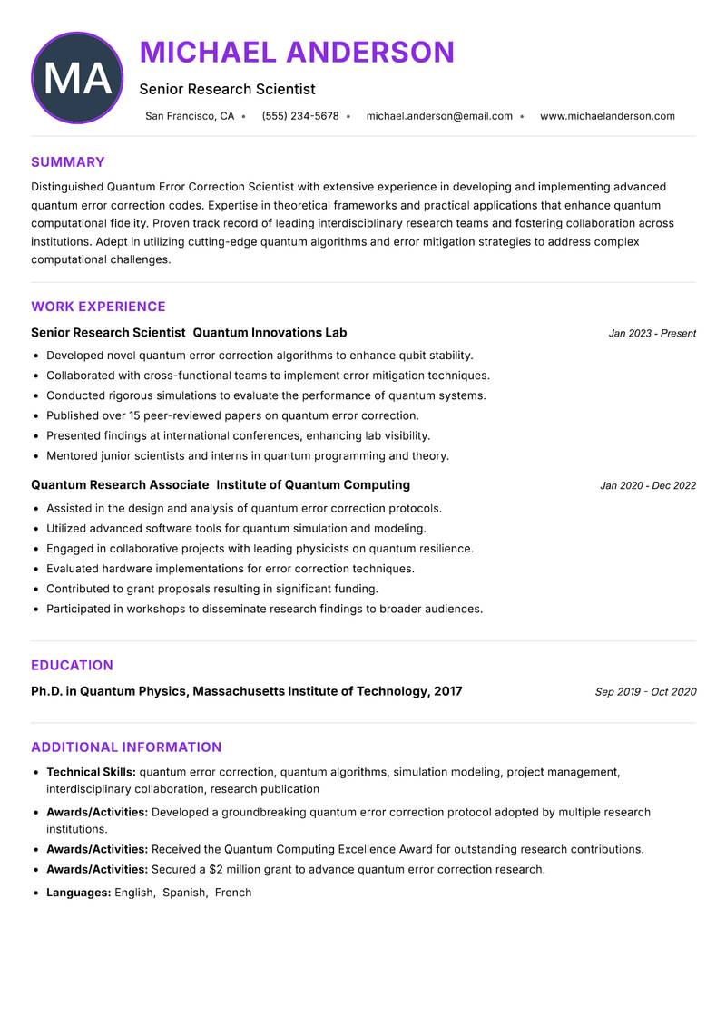 Quantum Error Correction Scientist Resume Preview Example