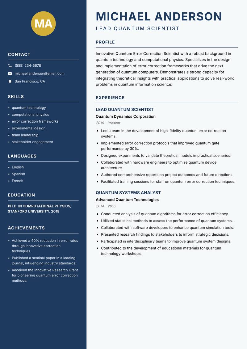 Quantum Error Correction Scientist Resume Preview Example