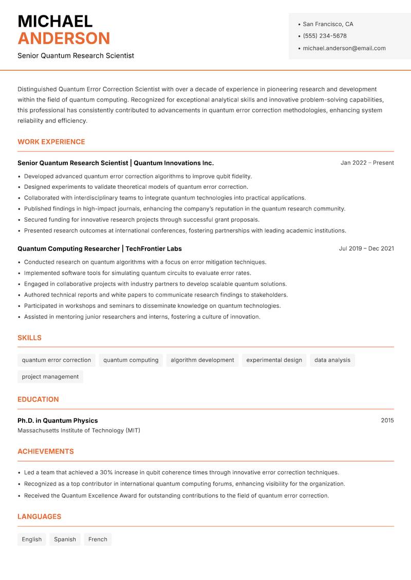 Quantum Error Correction Scientist Resume Template