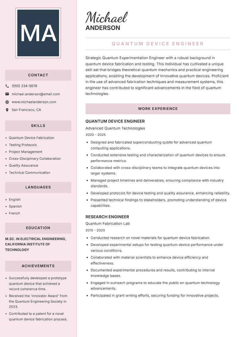 Quantum Experimentation Engineer Resume Preview Example