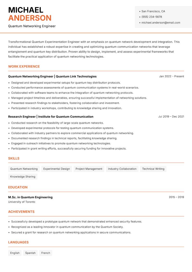 Quantum Experimentation Engineer Resume Template