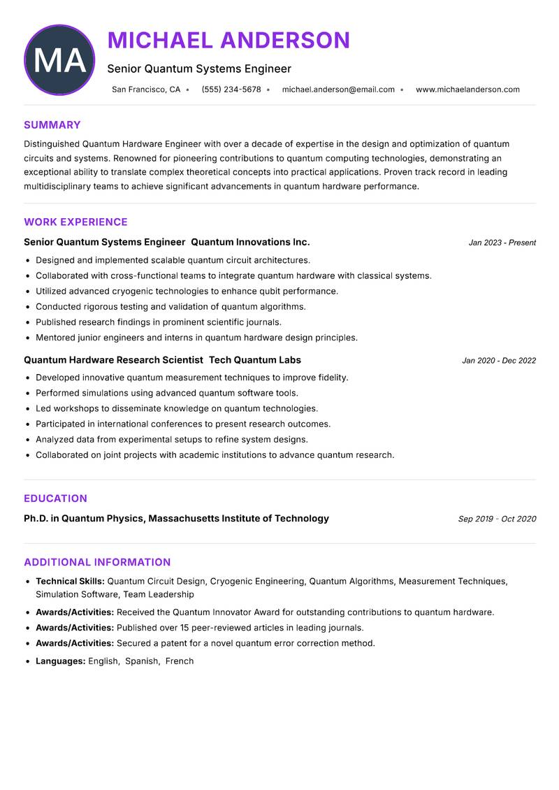 Quantum Hardware Engineer Resume Preview Example