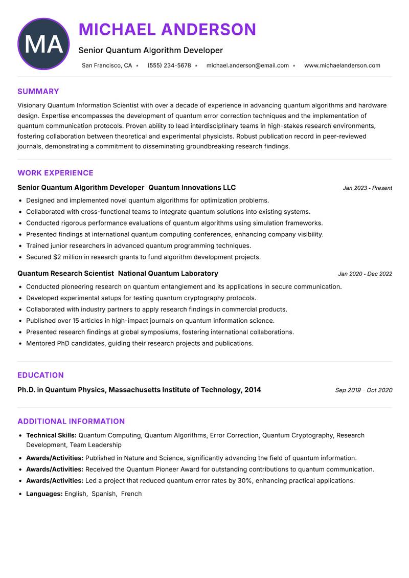 Quantum Information Scientist Resume Preview Example