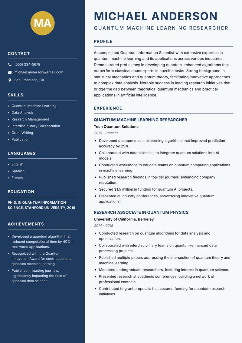 Quantum Information Scientist Resume Preview Example
