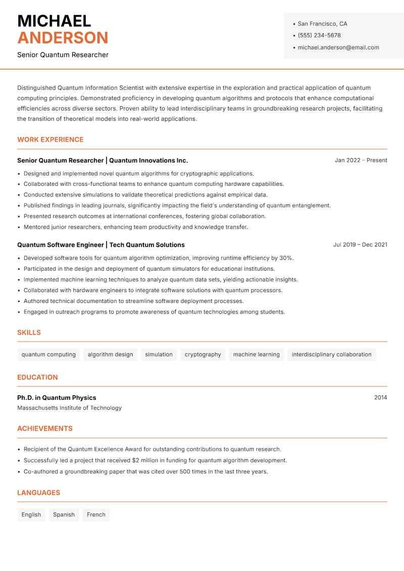 Quantum Information Scientist Resume Template