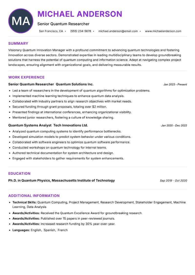 Quantum Innovation Manager Resume Preview Example