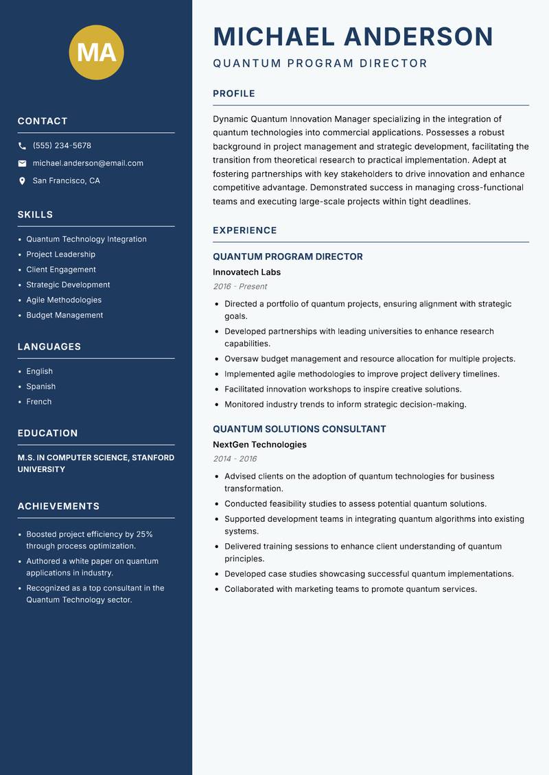Quantum Innovation Manager Resume Preview Example
