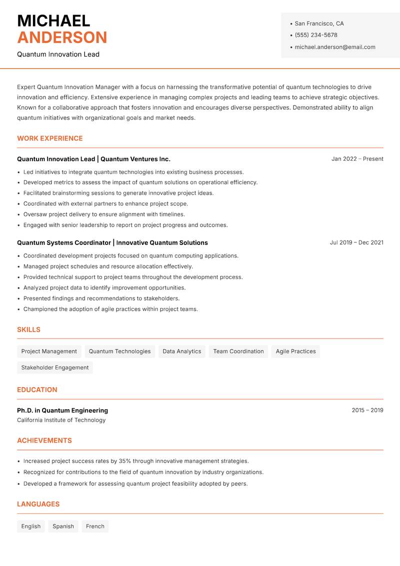 Quantum Innovation Manager Resume Template