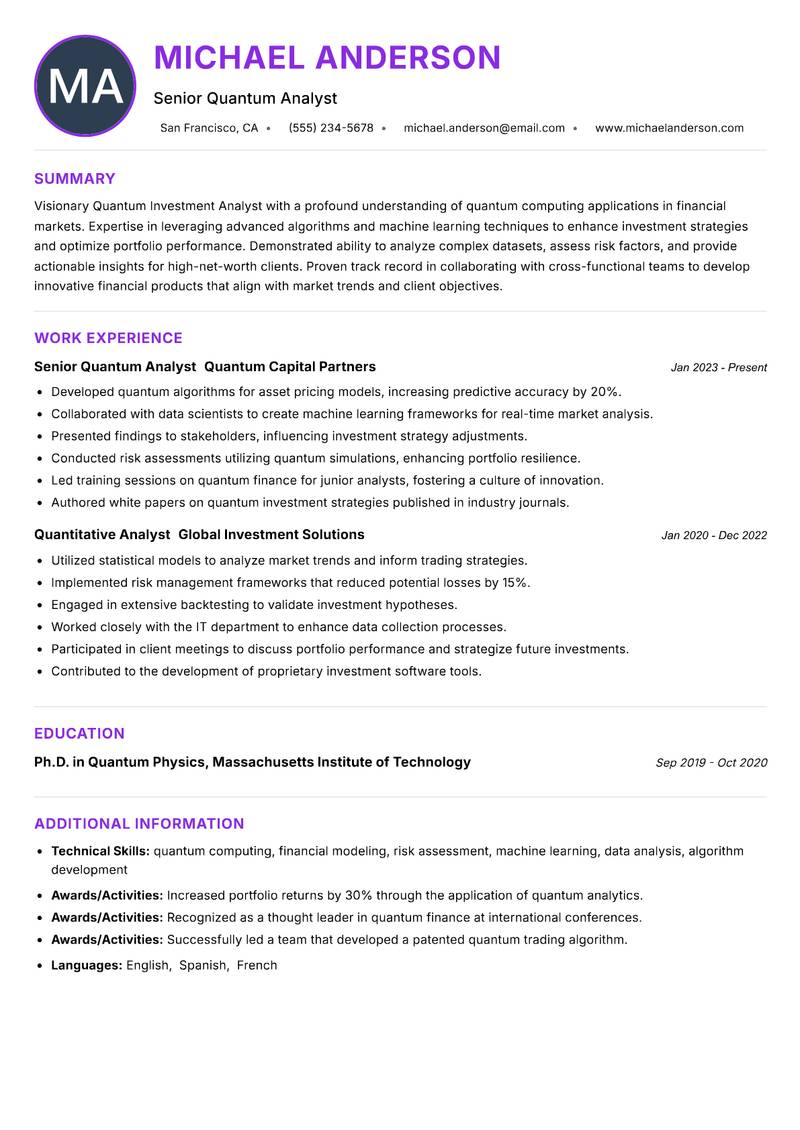 Quantum Investment Analyst Resume Preview Example