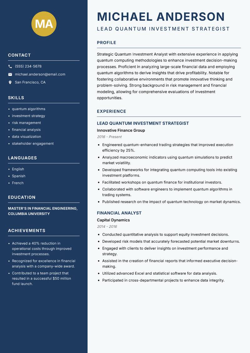 Quantum Investment Analyst Resume Preview Example