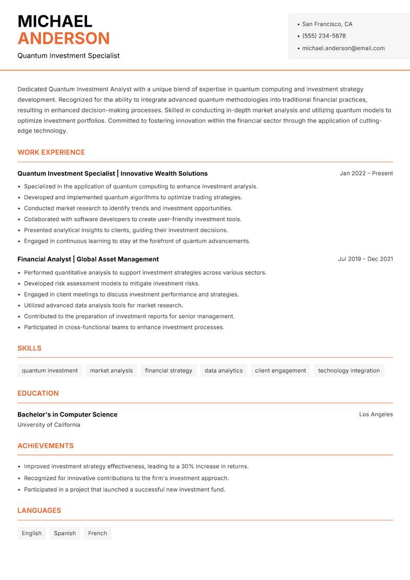 Quantum Investment Analyst Resume Template