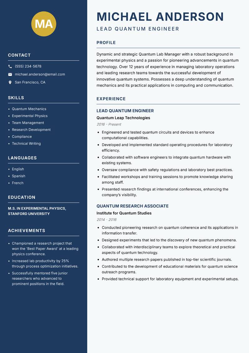 Quantum Lab Manager Resume Preview Example