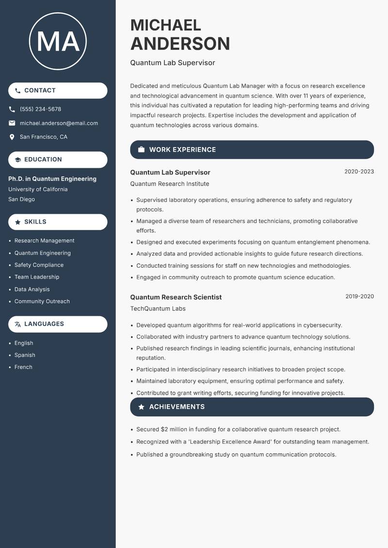 Quantum Lab Manager Resume Preview Example