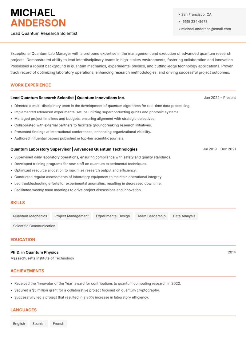 Quantum Lab Manager Resume Template