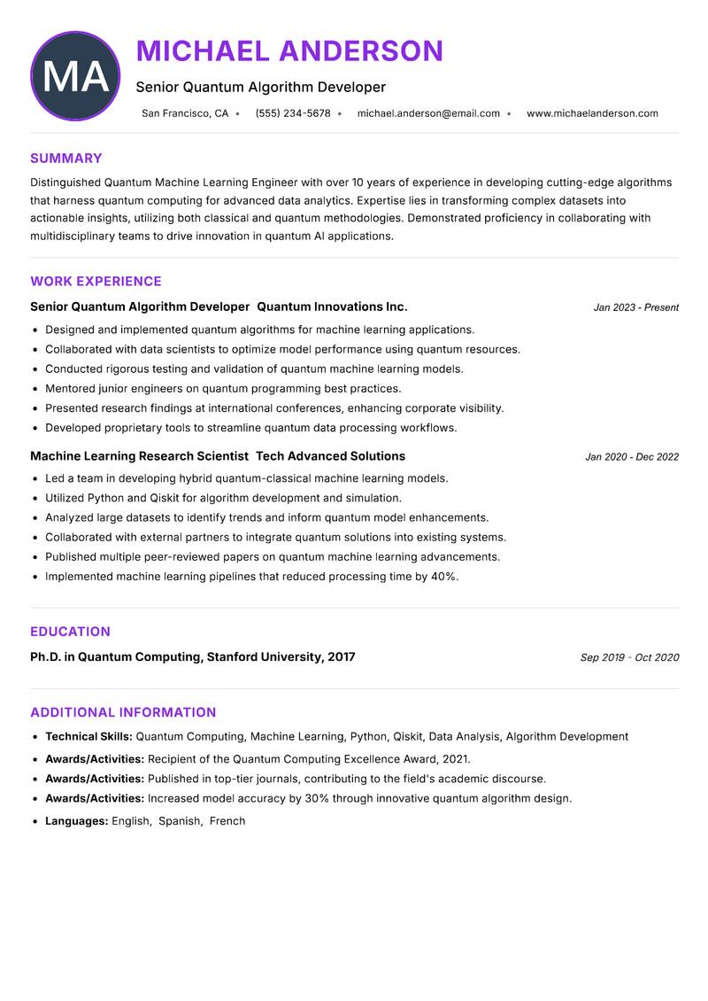Quantum Machine Learning Engineer Resume Preview Example