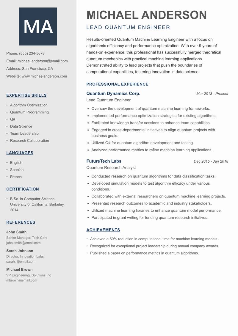 Quantum Machine Learning Engineer Resume Preview Example