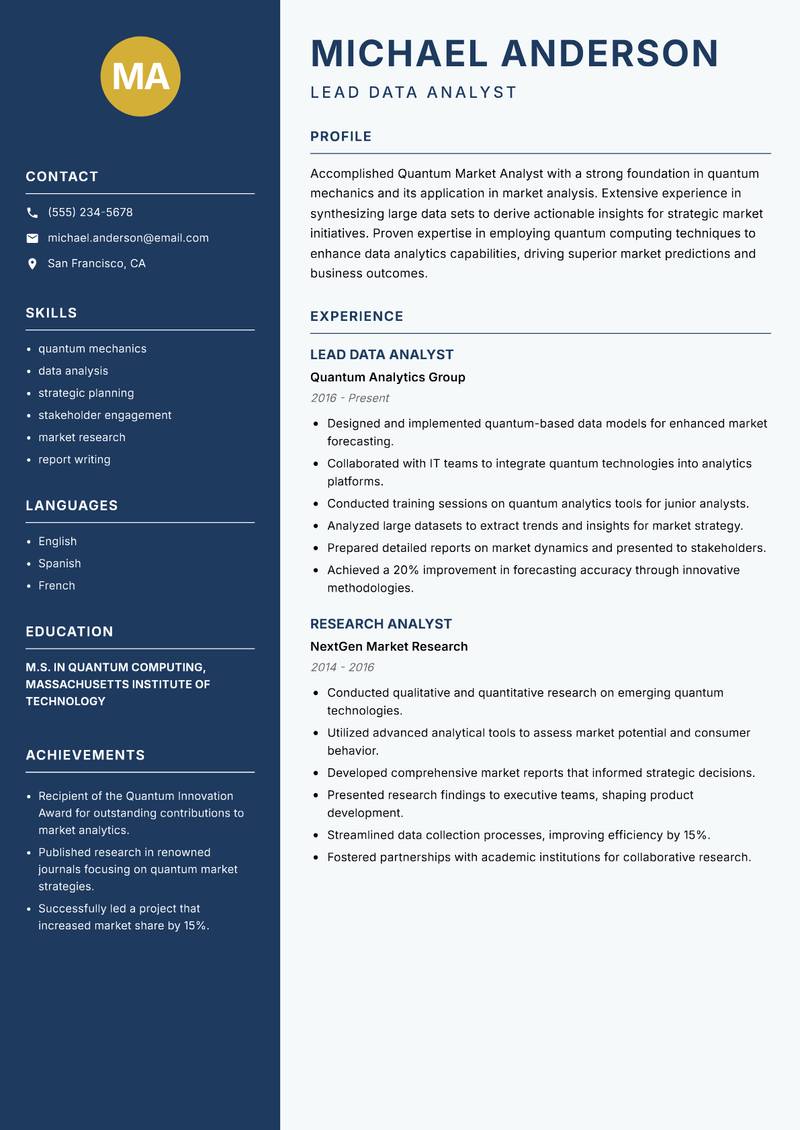 Quantum Market Analyst Resume Preview Example