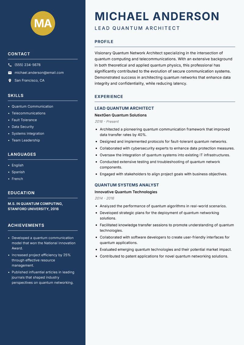 Quantum Network Architect Resume Preview Example