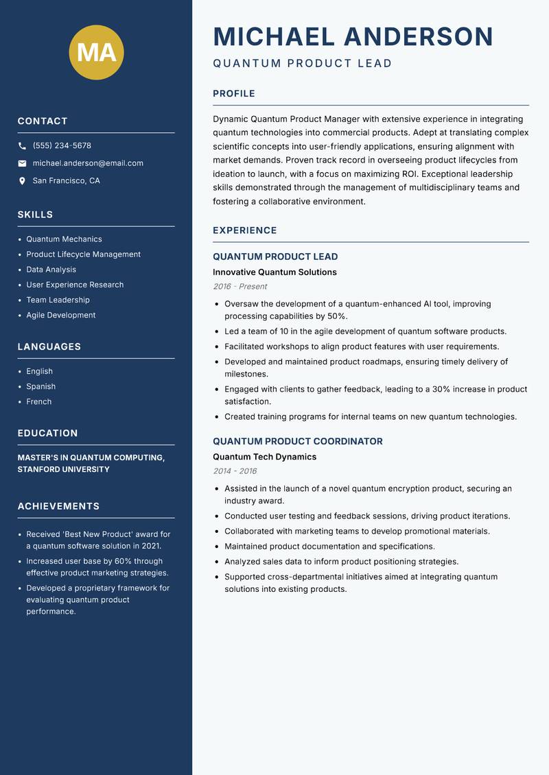 Quantum Product Manager Resume Preview Example